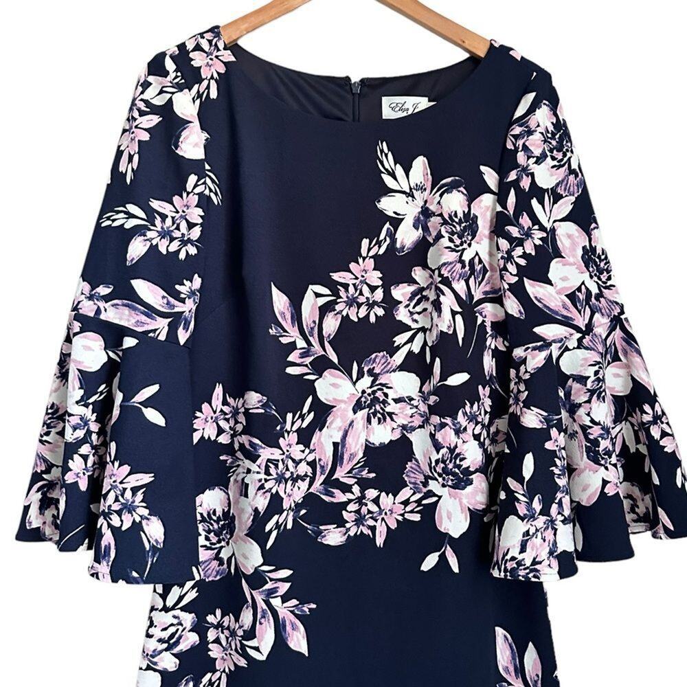 Eliza J Navy Blue Pink Floral Bell Sleeve Shift Dress Women 10 Elegant Wedding - Picture 12 of 16